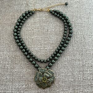 Green Faux Pearl Necklace with Enamel Flower Pendant